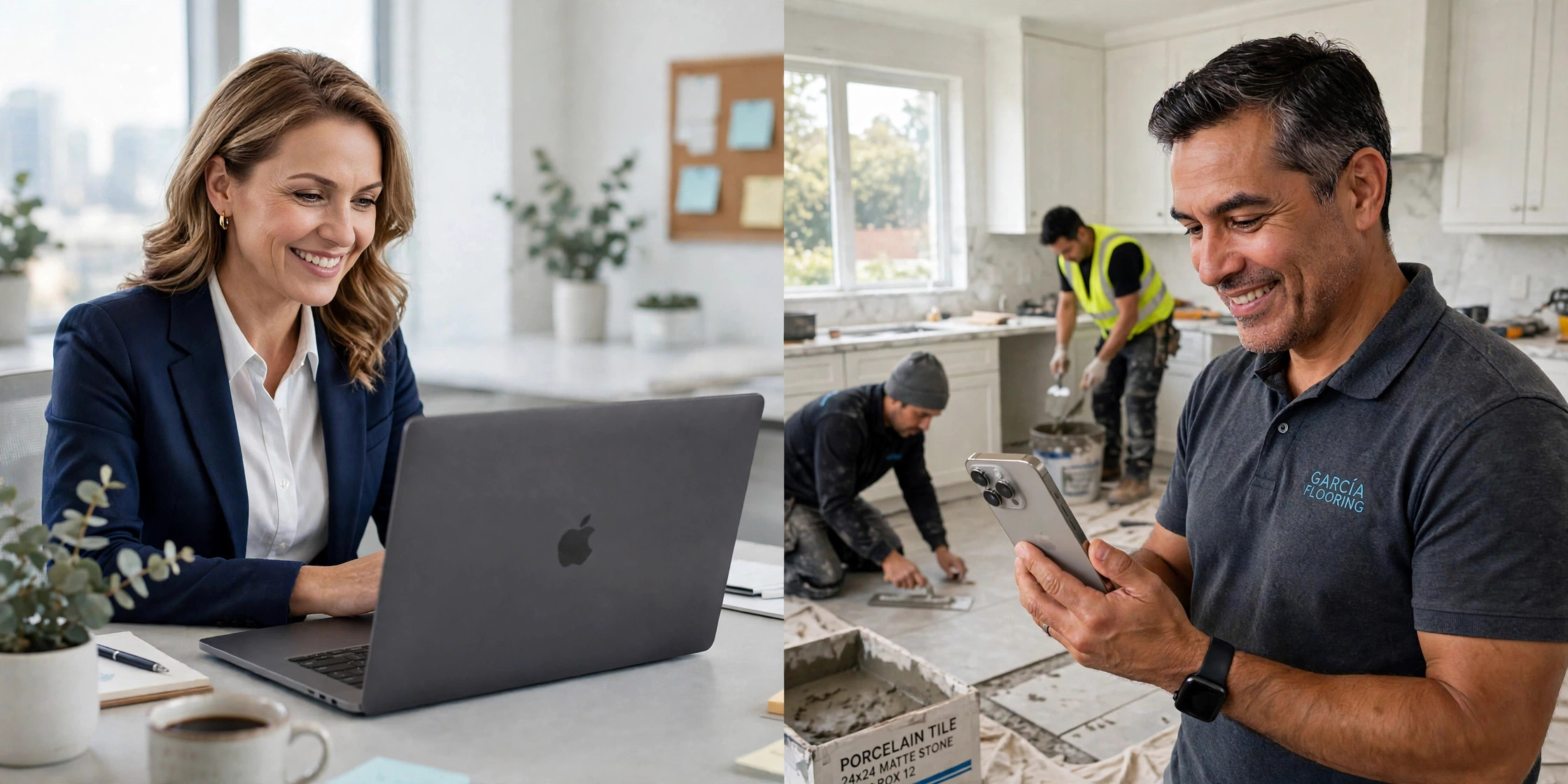 An independent consultant using Winnerizer on her MacBook Pro, and a flooring company owner using the Winnerizer app on his iPhone while his team lays new floor tiles